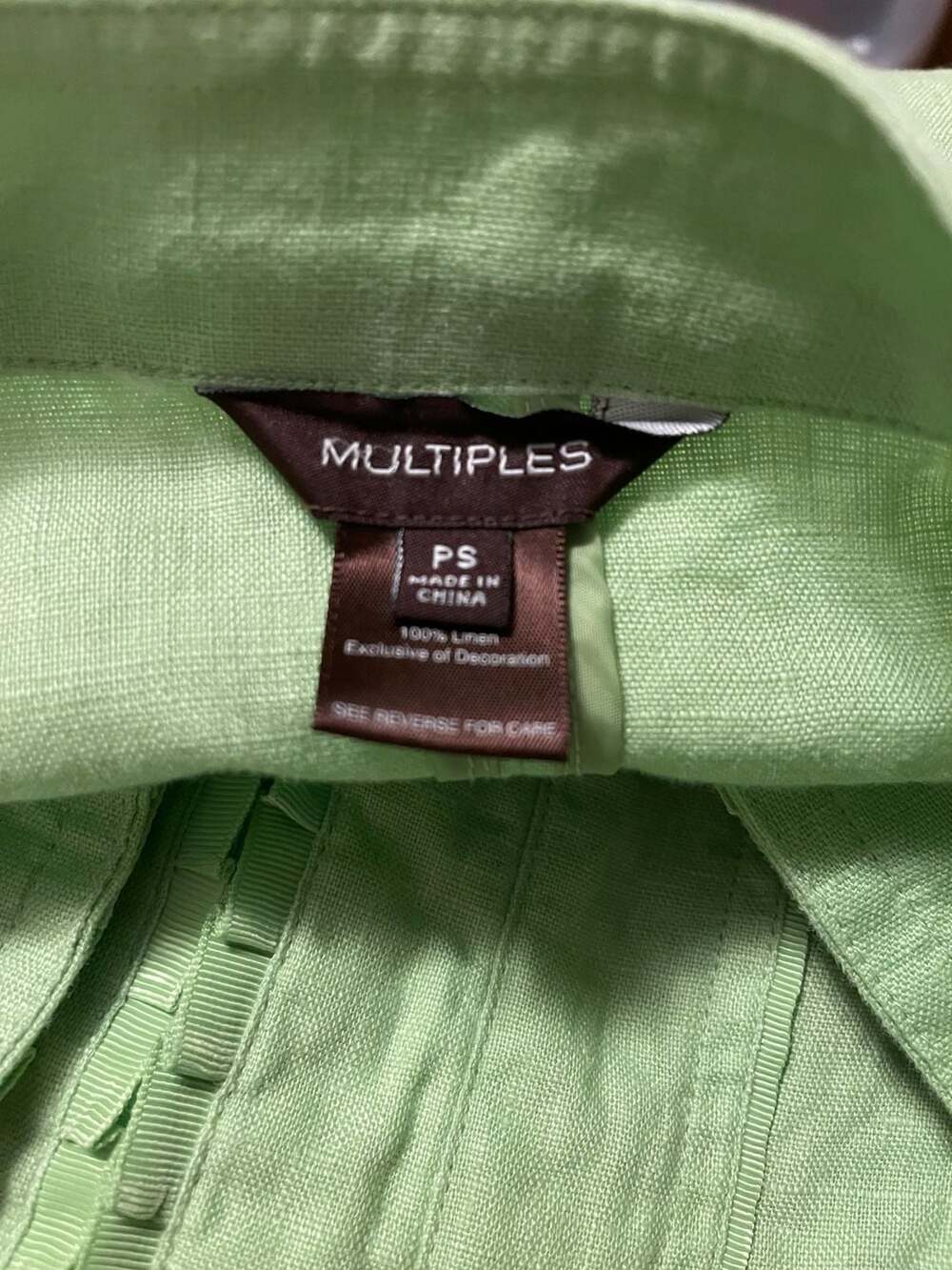 Multiples‎ Women's Lime Green 100% Linen Jacket Ribbon Trim Pleats - Picture 5 of 6